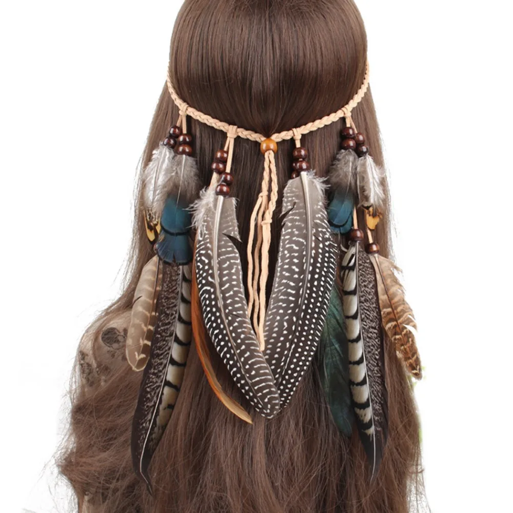 

Boho Peacock Feather Headband Hair Accessories 2019 Festival Women Hippie Adjustable Headdress Spring Summer Beach Hairbands
