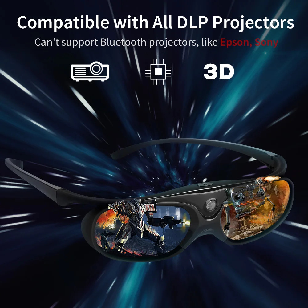 BOBLOV JX-30 3D Active Shutter Glasses DLP-Link 96Hz/144Hz USB Rechargeable Home Theater Black For BenQ Dell Acer 3D Projector