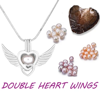 

Double heart wings Silver Jewelry Pearl Cage Pendant Natural freshwater oyster New Style personal Jewelry for women girl PO153