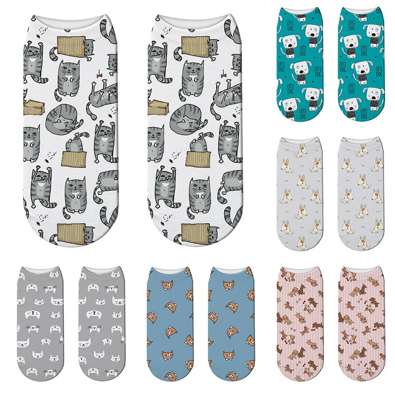 Женские носки с 3D принтом кота, милые женские носки до лодыжки с рисунком собаки, повседневные носки с принтом животных