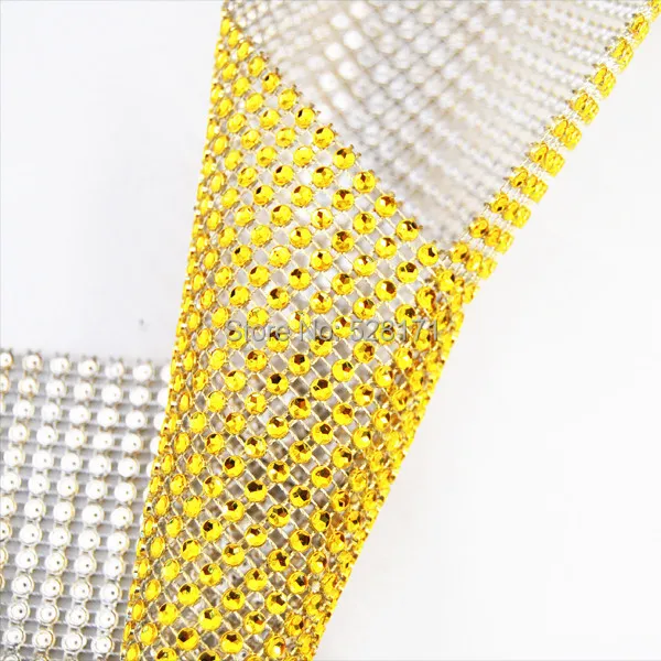 

Free Shipping 4.5inch x 10yards(24rows,30ft) Gold Diamond Rhinestone Ribbon Mesh Trimming Wedding Cake Decorations