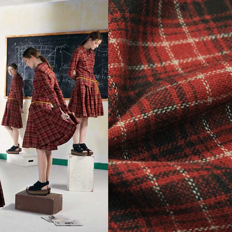 

Import all wool fabrics of Scotland case grain cloth red autumn winter thin wool shirt dress clothing material