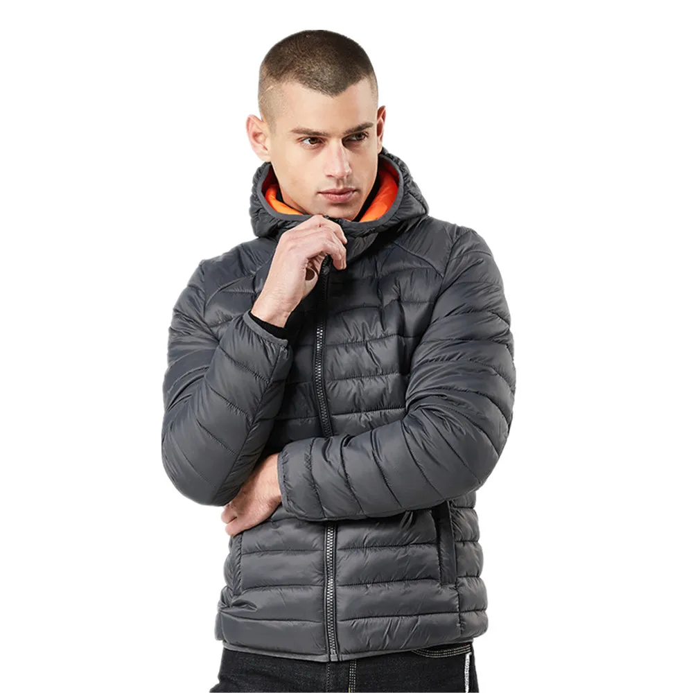 

Mens Light Thin Winter Warm Jackets Easy Rope Carrying Pocket Waterproof Simple Parkas 3XL Hooded Motorcycle Outerwear Overcoat