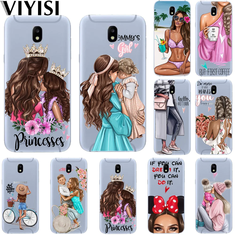 

Luxury Black Brown Hair Baby Mom Girl Queen Princess For Samsung Galaxy S8 case S6 S7 Edge S9 Plus S10 Lite Note 9 8 Coque Etui