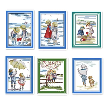 

Little boy girl playing on the beach watching the scenery Happy childhood 11CT cross stitch printing children miniature pattern