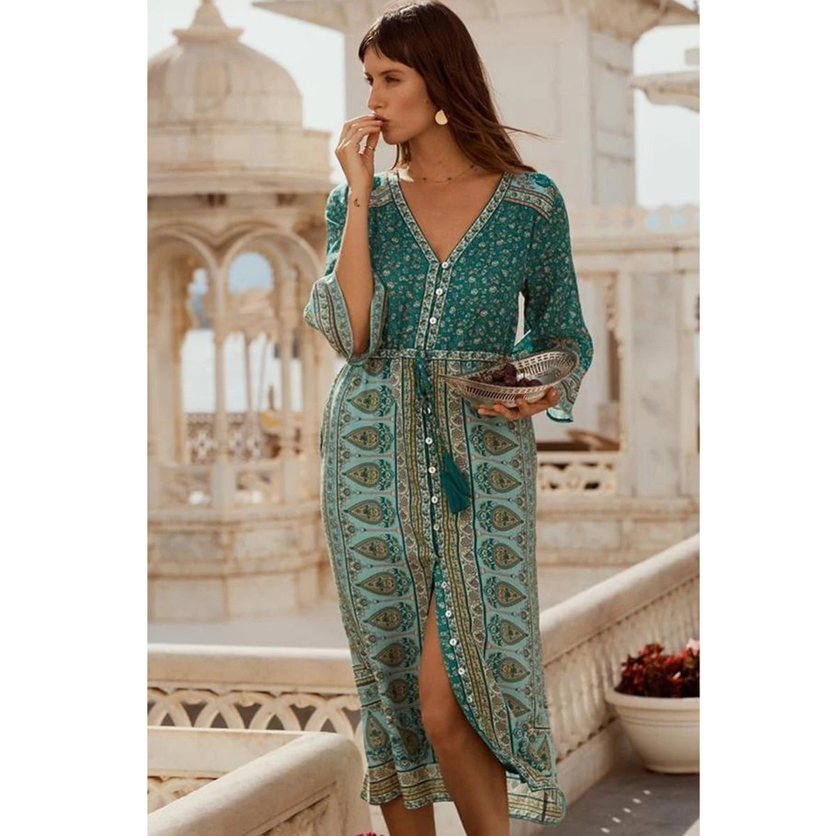 

Jastie Women Bohemian Dress Green Print V-neck Dresses 3/4 Sleeve Spring Summer Dress Boho Long Casual Beach Dresses Vestidos