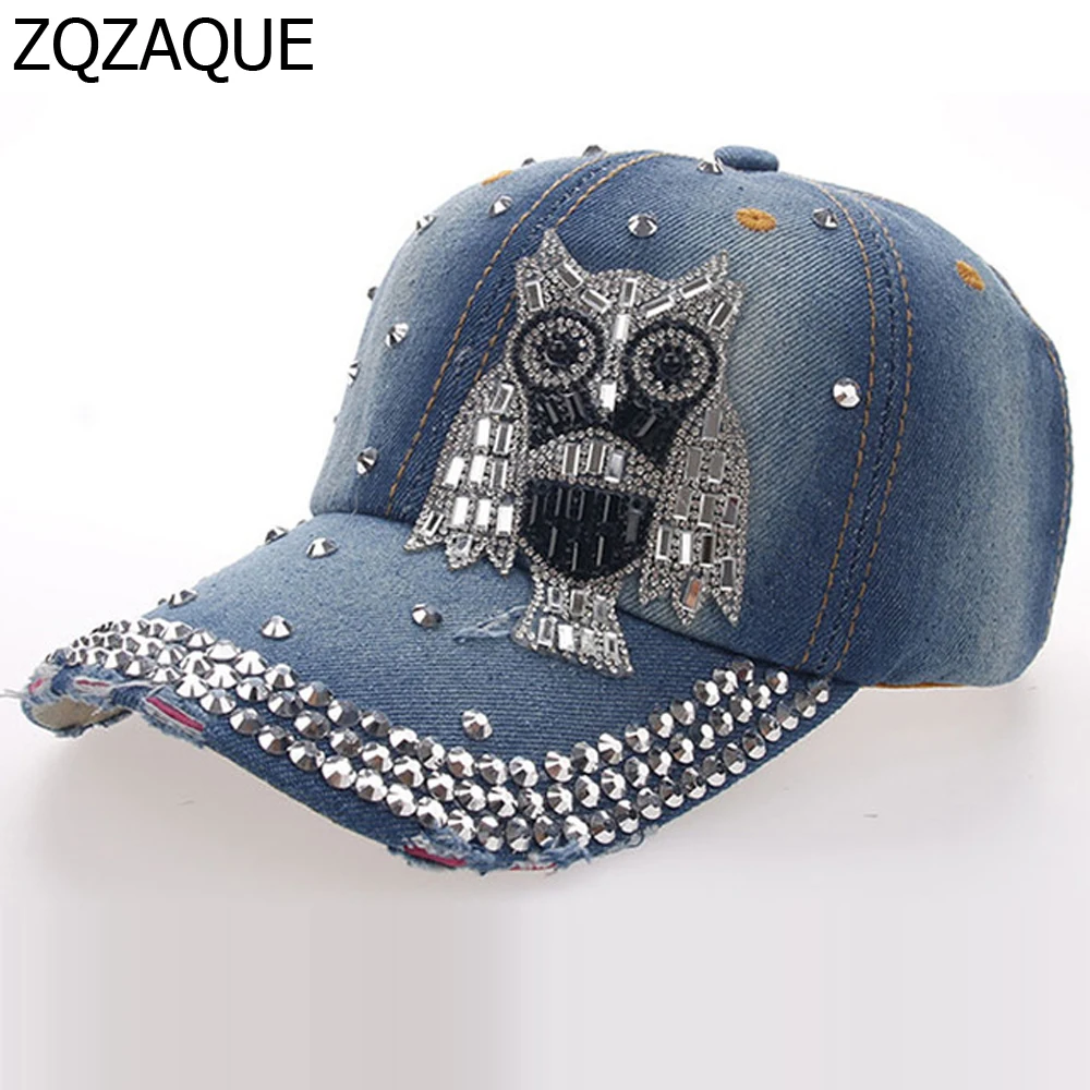 2021 New Girls' Diamond Denim Baseball Caps Fashion Manual Drill Owl