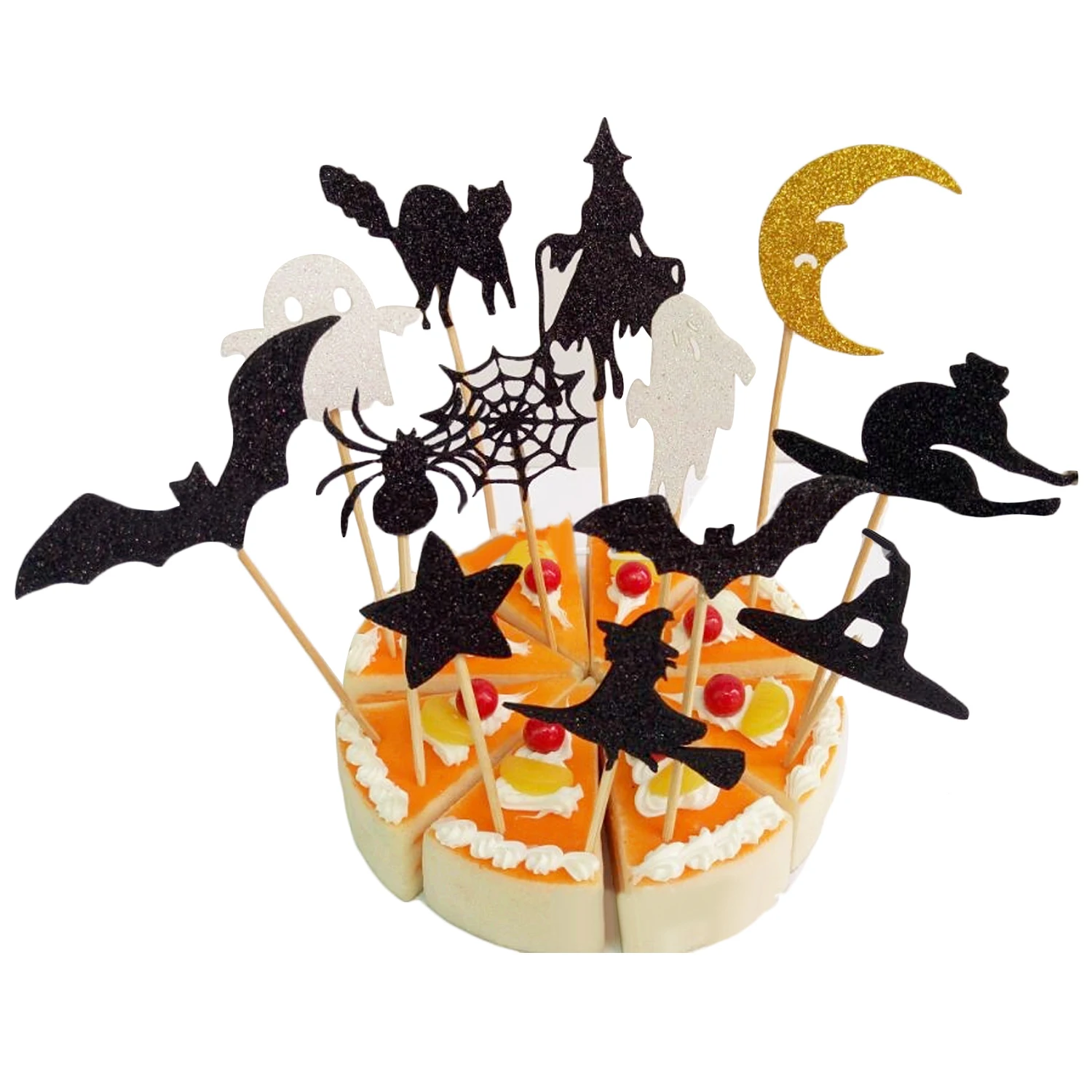 

Behogar 20pcs Sparkly Witch Spider Ghost Bat Cake Picks Cupcake Toppers for Halloween Party Decor Supplies Assorted Random Style