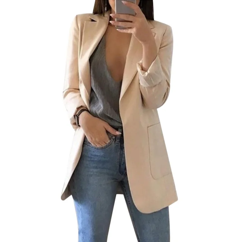CALOFE Women Long Sleeve Solid Color Turn-down Collar Coat Lady Business Suit Cardigan Jacket Suit Femme Blazer Slim Top 2019