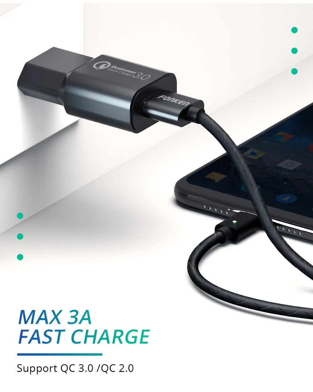 Магнитный кабель Micro USB FONKEN для быстрой зарядки, 3 А, Кабели usb type-C, 1 м, 2 м, провод Android, шнур для быстрой зарядки мобильных телефонов