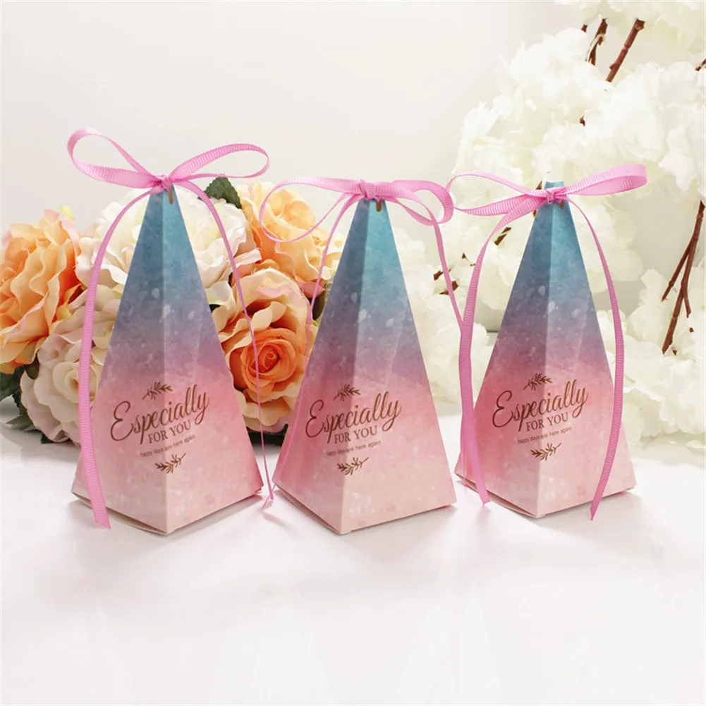 

50Pcs Pyramid Shape Candy Boxes with Ribbon Wedding Birthday Party Favor LXY9