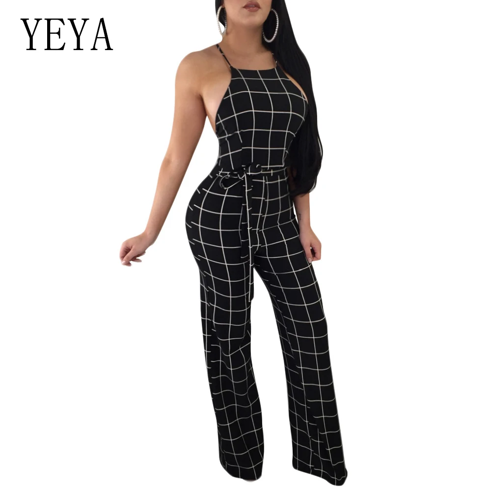 YEYA Summer Sleeveless Strap Backless Long Jumpsuits Women Plus Size Boot Cut Jumpsuit Casual Sexy Elegant Plaid Mujer Jumpsuits