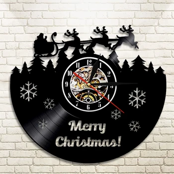 

1Piece Merry Christmas Vinyl Record Wall Clock Modern Design Santa Claus Deer Children Room H Decor Wall Watch For Kid Gift