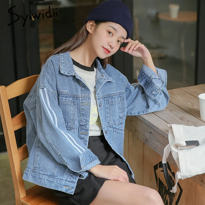

Women oversized jacket 2019 Cotton denim jean jacket Long sleeve side stripe preppy style girl outfit Coats and jackets women
