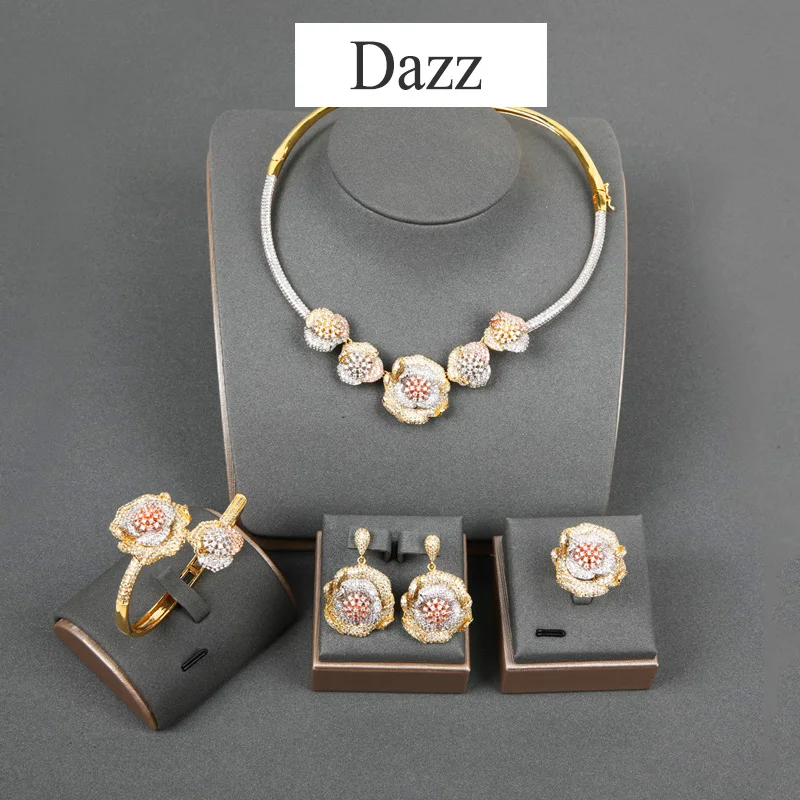 Dazz роскошный большой цветок Цирконий медный воротник серьги ювелирные изделия