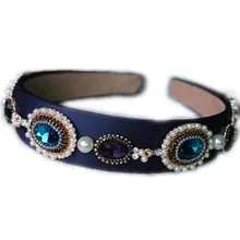 Vintage Baroque Headband Blue Crystal Water Drop Pearl Tiara Crown Headdress Women Wedding Hair Accessories Jewelry Party Gifts