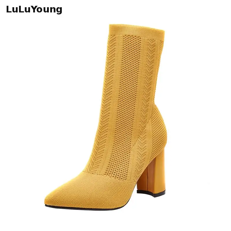 

2018 New Thick Block High Heels Socks Boots Knitted Shoes Pointed Medium Tube Boots Pink Yellow
