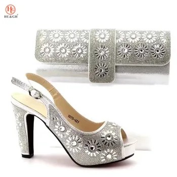 

2020 Silver Color High Quality Shoes With Matching Bags Rhinestones African Shoes And Bags Set For Wedding Dress Free Shipping