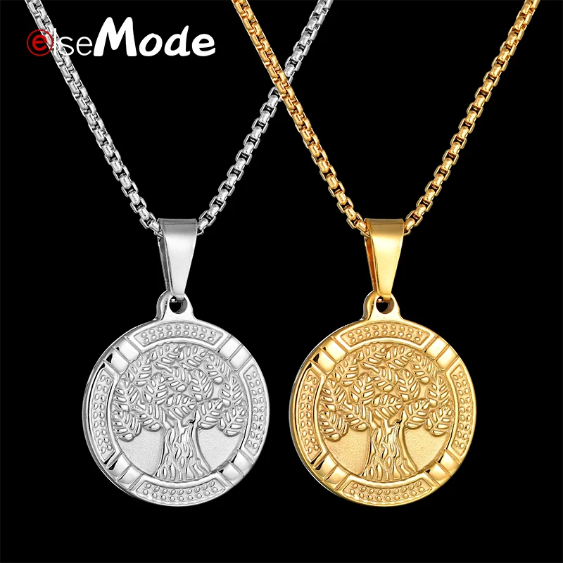 

ELSEMODE Antique 1PC Tree Of Life Coin Pendant Necklaces for Women Gold Silver Stainless Steel Amulet Necklace Charms Jewelry