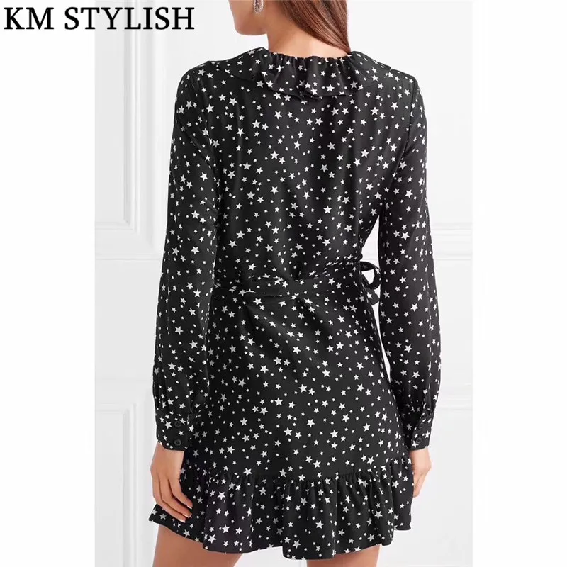 2019 Early Spring New Star Print Ruffled Women Black Dress Lotus Leaf Neckline Hem High Slim Retro One-piece Dress With Belt