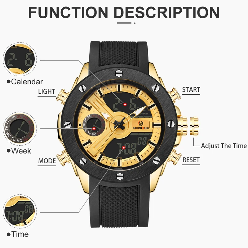 GOLDENHOUR Топ люксовый бренд мужские военные спортивные часы мужские кварцевые часы с будильником ЖК-аналоговые цифровые часы мужские резиновые часы с ремешком