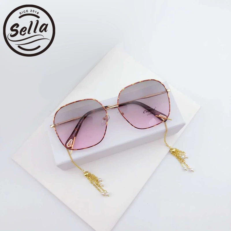 2018 Sella Oversized Women Square Sunglasses Brand Designer Gradient Clear Lens With Chains Men