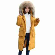 Длинная приталенная Повседневная зимняя женская пуховая стеганая куртка, женское хлопковое пальто с воротником из искусственного лисьего меха и большими карманами, утепленная парка с капюшоном E1