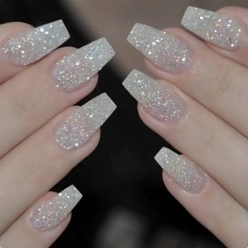 Clear Natural Coffin Nails With Glitter - Nail and Manicure Trends