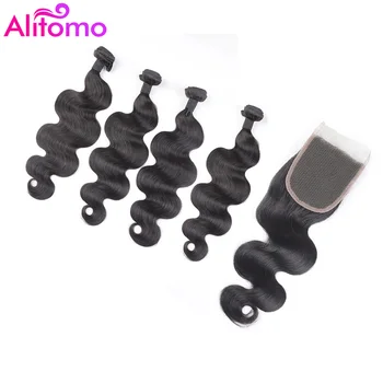 

Alitomo Brazilian Human Hair Bundles With Closure Swiss Lace 5 Pcs/lot Non Remy Hair 4 Budnles Body Wave Bundles With Closure