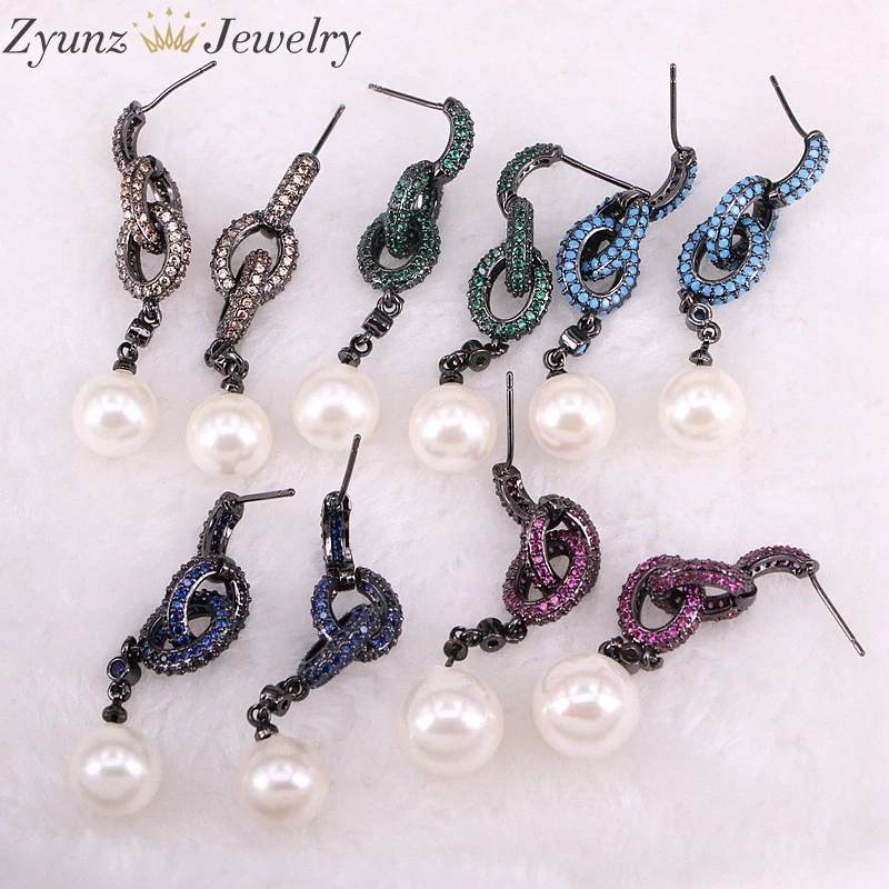 

4 Pairs ZYZ332-5002 New Simple Design Fashion Pearl Shell Mix Color Earrings For Women With Link Chain CZ Crystal Jewelry