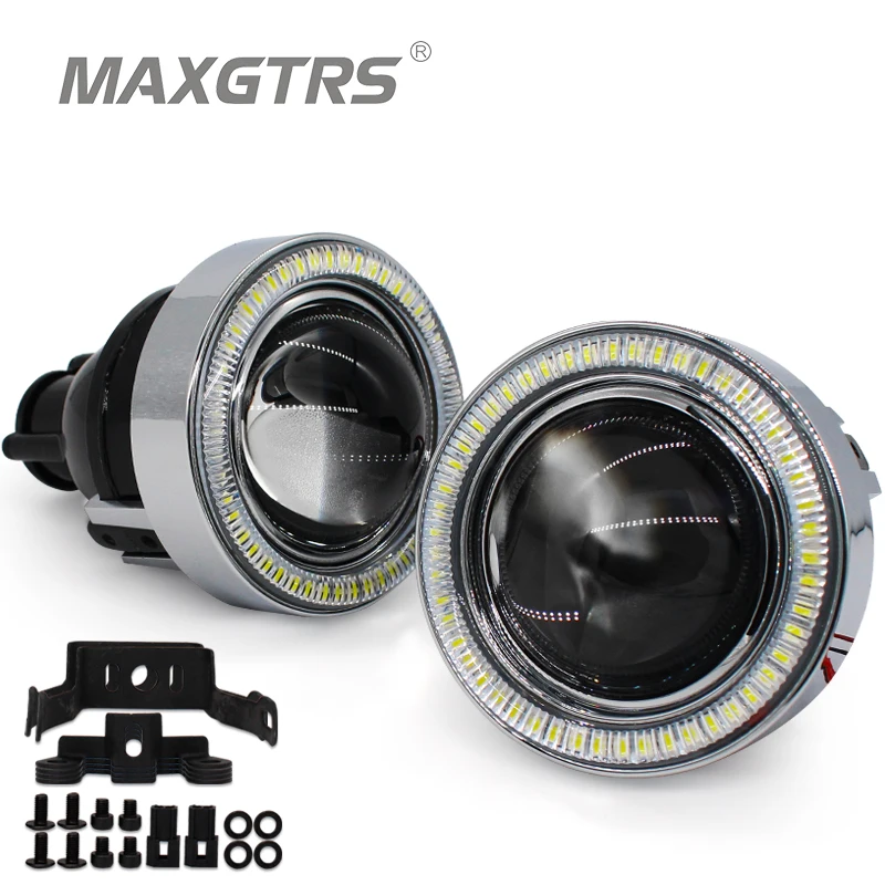 2x Universal HID Bi xenon Fog Lights Bulb Projector Lens Driving Lamps LED Angel Eye For Ford