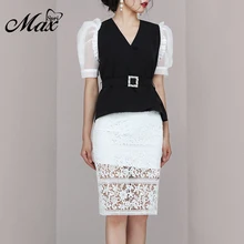 Max Spri 2019 New Women White Black Two Piece Set Puff Halt Sleeve V Neck With Diamond Belt Lace Print Hollow Out Skirt Set halt an fremder