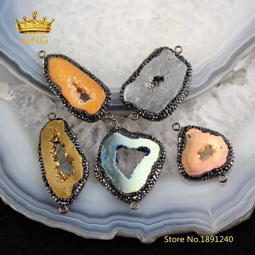 

10pcs Titanium Druzy Geode Freeform Slice Connectors for Bracelet,Natural Drusy Agates with Rhinestone Gunmetal Charms Bulk YT49