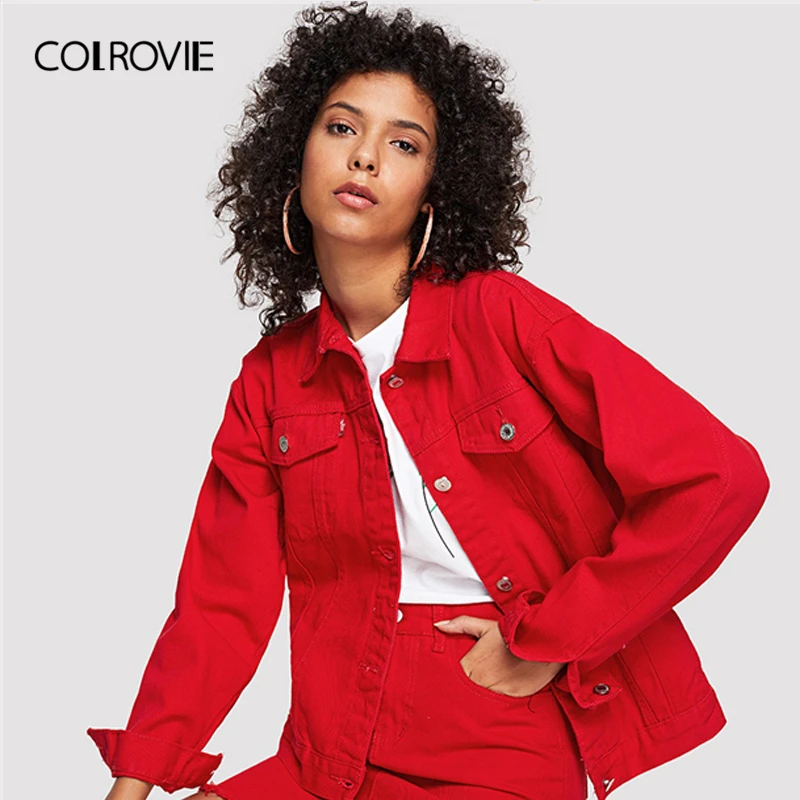 

COLROVIE Red Casual Button Denim Jacket Without Skirt 2018 Autumn Women Basic Jacket Long Sleeve Streetwear Girls Jacket Coat
