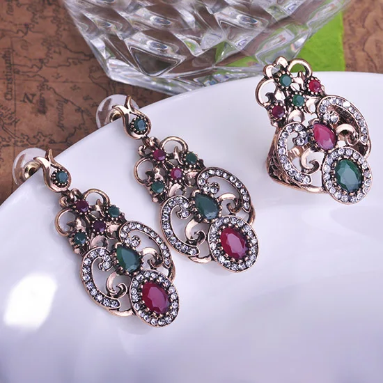 

Turkish Jewelry Sets Earrings & Ring Antique Gold color Resin Flower Brincos Water Drop Stud Earrings Crystal Aros Schmuck Sets
