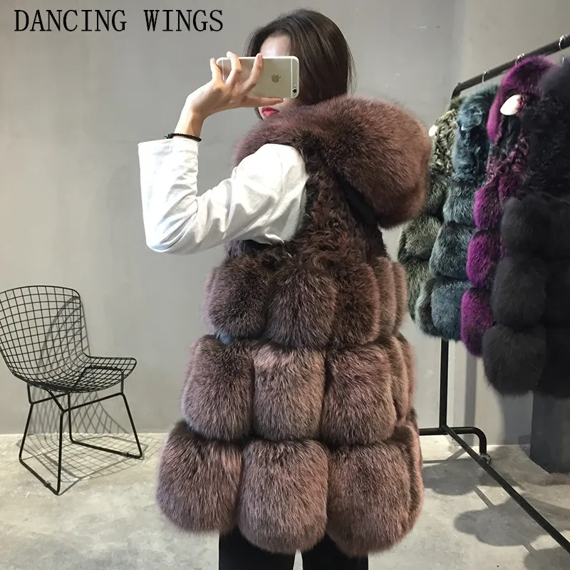 

Winter Real Fox Fur Hood Vest For Women 2019 Fashion Plaid Design 75cm Long Natural Genuine Fox Fur Gilet Waistcoat