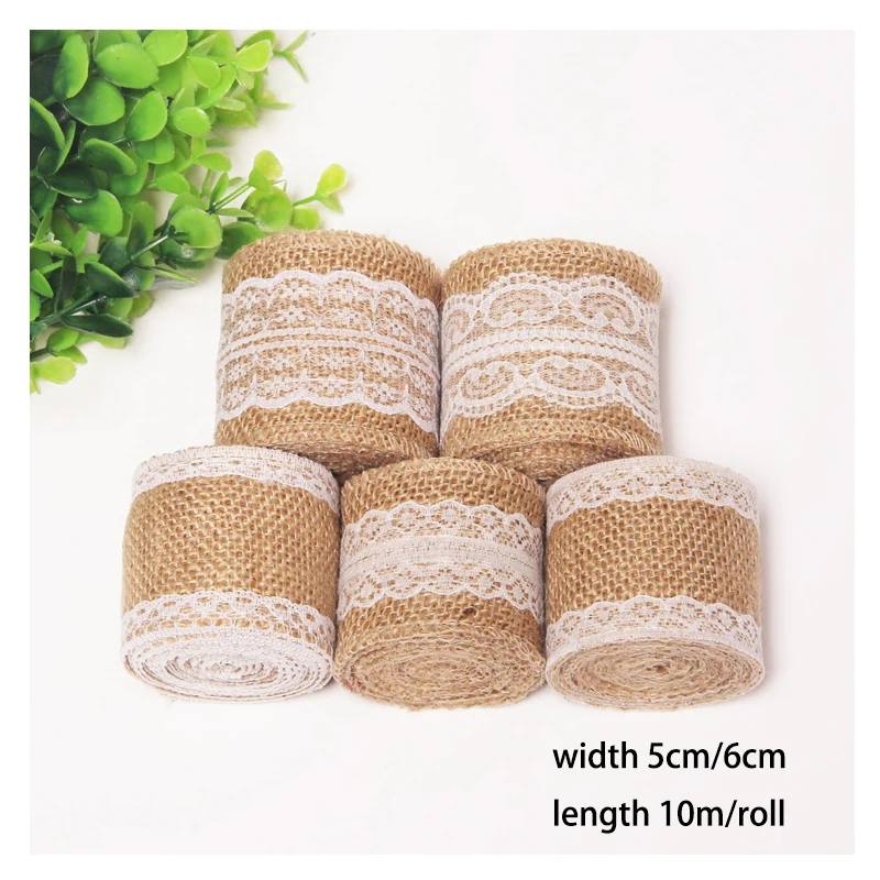 

10meters/lot 5cm Burlap Hessian Ribbons Jute Rolls Lace rustic for DIY Vintage wedding Decoration gift wrapping Ornament Party