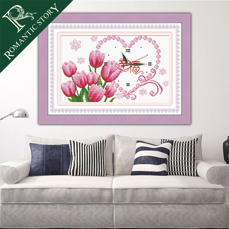 

Romantic Story Clock Tulips Home Decorations Cross Stitch Needlework DIY 11CT Printing Cross Stitch Sets For Embroidery Kits