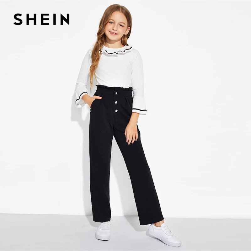 SHEIN/черные элегантные штаны для девочек с оборками и пуговицами на талии; коллекция года; сезон весна; Модные Винтажные штаны для девочек; корейская детская одежда