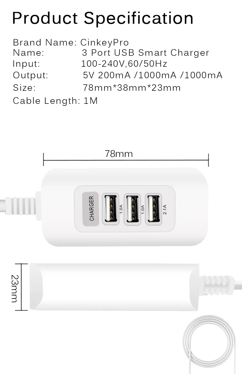 CinkeyPro 3 порта USB зарядное устройство 5 В/3 А адаптер 1 м кабель для зарядки для iPhone 7 8 samsung XiaoMi iPad мобильный телефон Универсальный