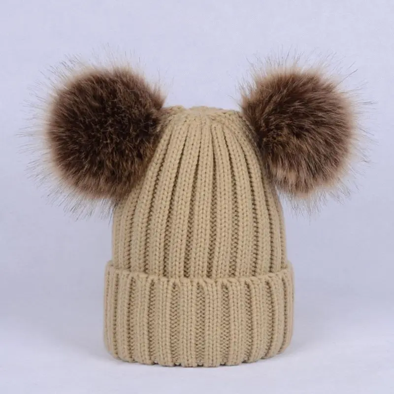 Wool Knitted Hat Cute Fluffy Pom Poms Autumn Winter Warm Skullies