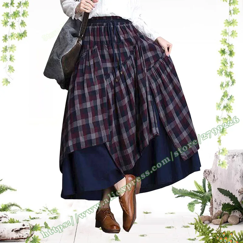 2019 весенне-осенняя винтажная Ретро Повседневная модная 100% хлопковая клетчатая Асимметричная Женская плиссированная юбка для женщин