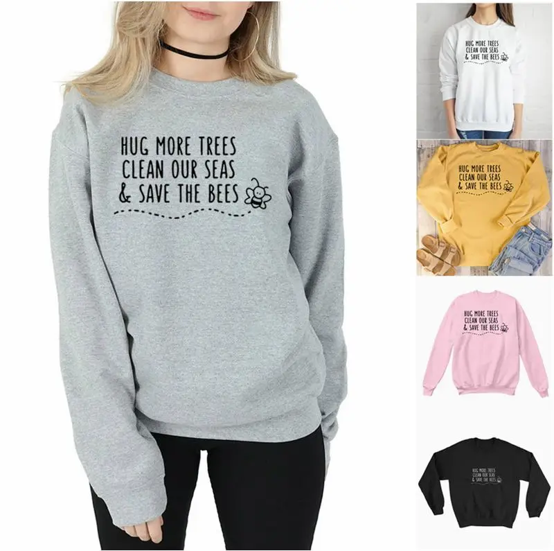 Tanie Objąć więcej drzew do czyszczenia do wód oceanicznych, i zapisać pszczoły kobiety bluzy jednolity kolor okrągły dekolt bluzy z kapturem ubrania uliczne kobiety