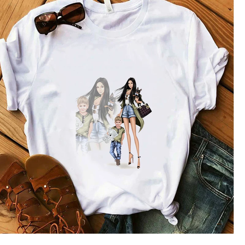 

Fashion Mom And Her Son T-Shirt 100% Cotton Vogue White T-Shirt Women Summer Soft Casual Lady Tops Hipster Style Art Gift Tees