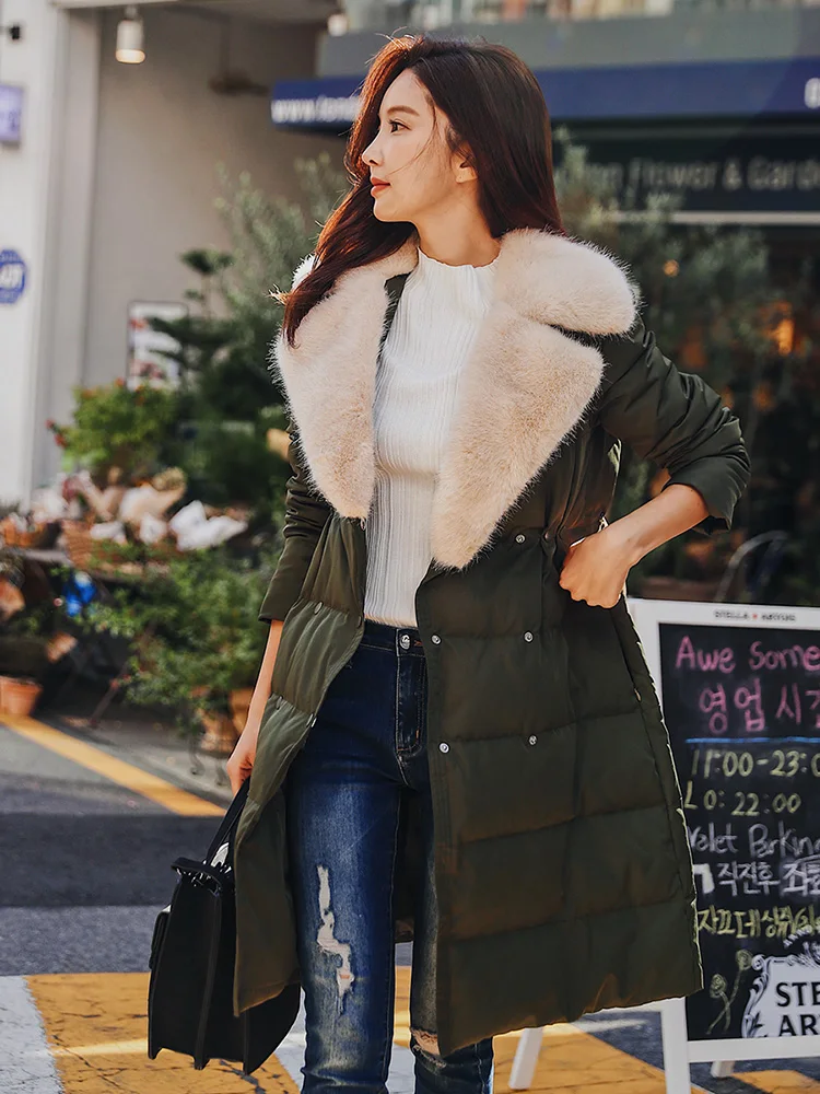 Dabuwawa Turn Down Collar Fur Winter Women Long Coat White Duck Down Green Pink Thick Warm Outerwear Down Jacket Streetwear