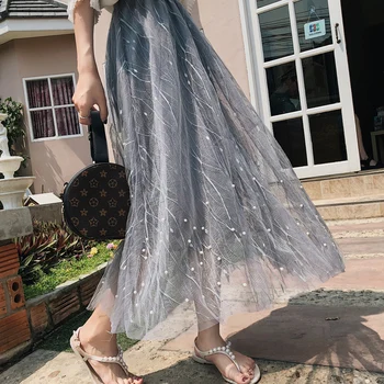 

New Fairy Mesh Long Skirt Women Spring Summer elastic waist tiered Beading Skirts Female elegant tulle pleated party jupe