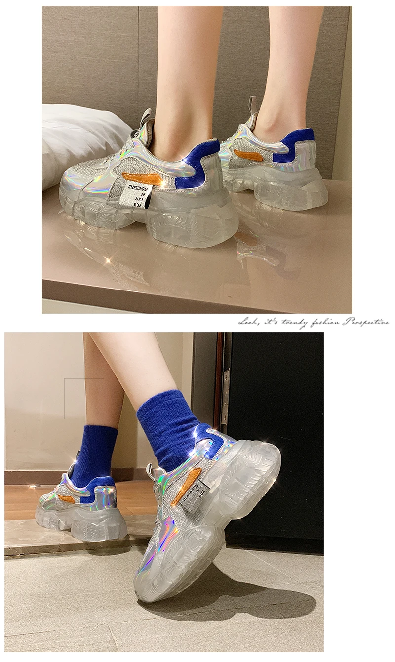 Весенние женские массивные кроссовки Harajuku, повседневные кроссовки на платформе, прозрачная подошва, дышащая сетка, кроссовки с кристаллами, UK-18
