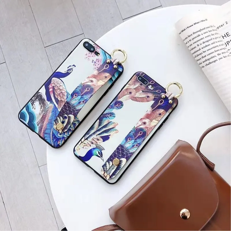 

Phone Case For iPhone X/XS/XR/Max Peacock Cases For iPhone 7 8 6 6S Plus Soft TPU Protection Back Cover With Lanyard Wrist Strap