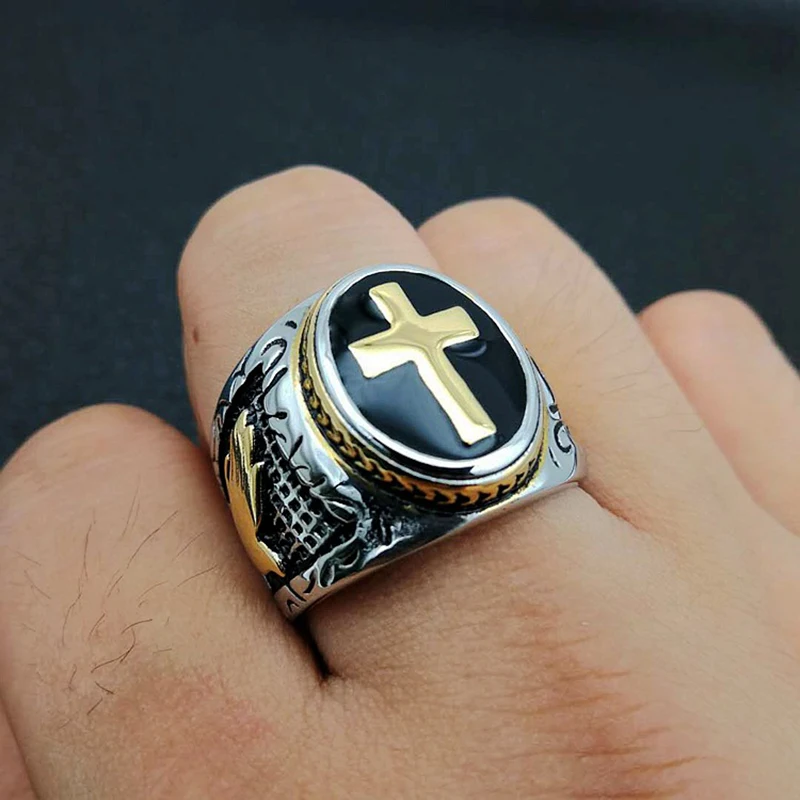 Титановая сталь крест красный щит мужское кольцо Тамплиер крестовый поход серебряное, Золотое кольцо средневековая печатка Ретро винтажный панк кольца на палец