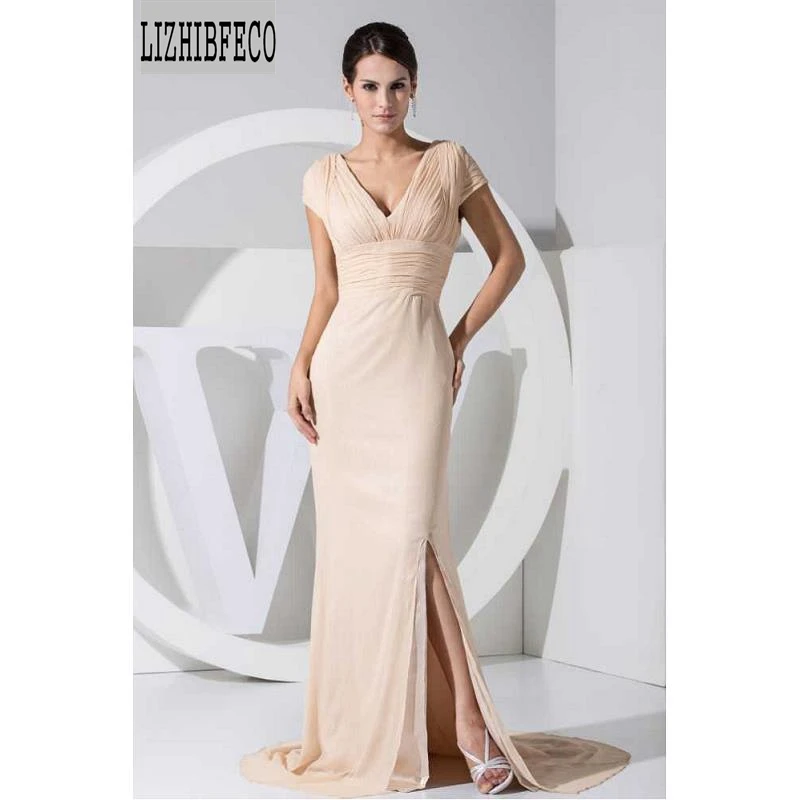 

Champagne Chiffon Floor-Length V-Neck Cap Sleeves Mermaid/Trumpet Formal Evening Dresses Court Train Custom made
